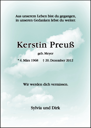 Traueranzeige von Kerstin Preuß von Neue Osnabrücker Zeitung GmbH & Co. KG