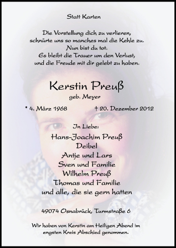 Traueranzeige von Kerstin Preuß von Neue Osnabrücker Zeitung GmbH & Co. KG