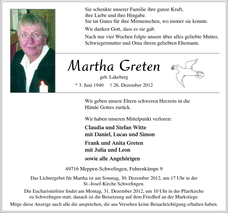  Traueranzeige für Martha Greten vom 29.12.2012 aus Neue Osnabrücker Zeitung GmbH & Co. KG