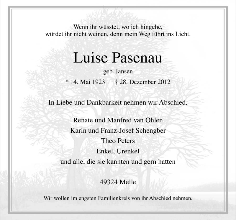  Traueranzeige für Luise Pasenau vom 31.12.2012 aus Neue Osnabrücker Zeitung GmbH & Co. KG