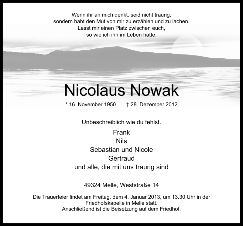  Traueranzeige für Nicolaus Nowak vom 31.12.2012 aus Neue Osnabrücker Zeitung GmbH & Co. KG