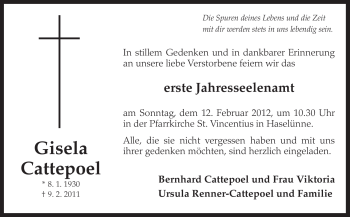 Traueranzeige von Gisela Cattepoel von Neue Osnabrücker Zeitung