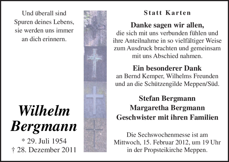  Traueranzeige für Wilhelm Bergmann vom 11.02.2012 aus Neue Osnabrücker Zeitung