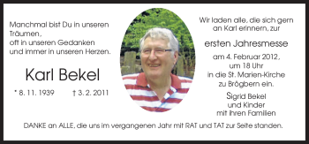 Traueranzeige von Karl Bekel von Neue Osnabrücker Zeitung