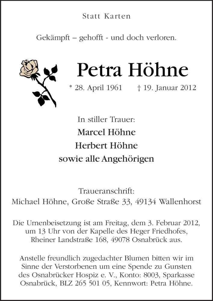  Traueranzeige für Petra Höhne vom 01.02.2012 aus Neue Osnabrücker Zeitung