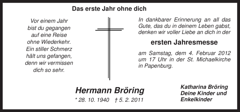  Traueranzeige für Hermann Bröring vom 01.02.2012 aus Neue Osnabrücker Zeitung