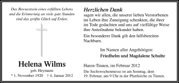 Traueranzeige von Helena Wilms von Neue Osnabrücker Zeitung