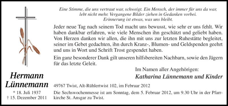  Traueranzeige für Hermann Lünnemann vom 01.02.2012 aus Neue Osnabrücker Zeitung
