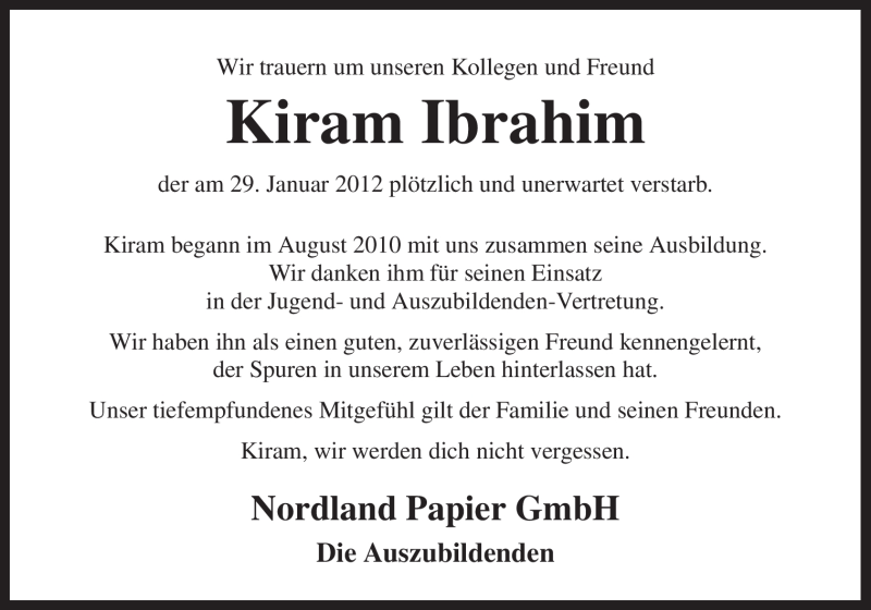  Traueranzeige für Kiram Ibrahim vom 01.02.2012 aus Neue Osnabrücker Zeitung
