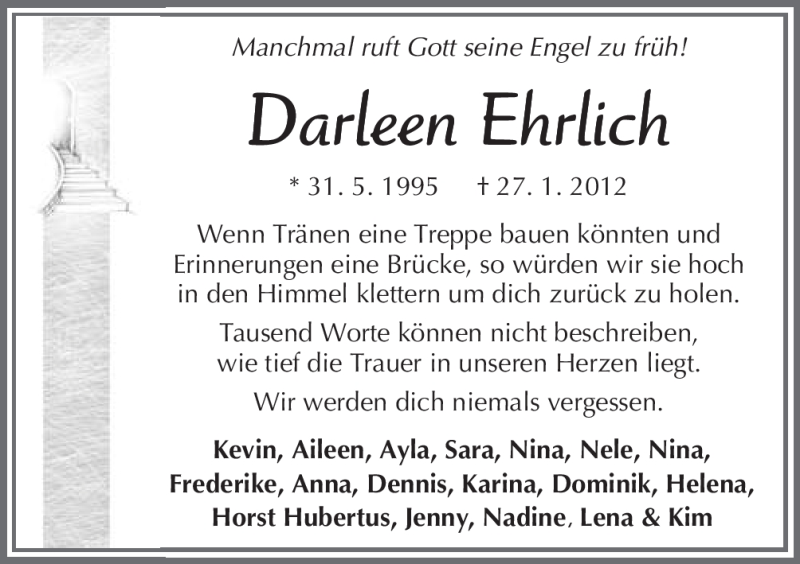  Traueranzeige für Darleen Ehrlich vom 04.02.2012 aus Neue Osnabrücker Zeitung