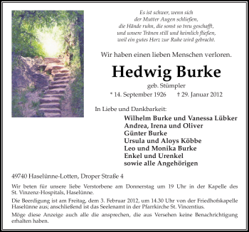 Traueranzeige von Hedwig Burke von Neue Osnabrücker Zeitung