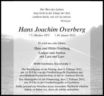Traueranzeige von Hans Joachim Overberg von Neue Osnabrücker Zeitung