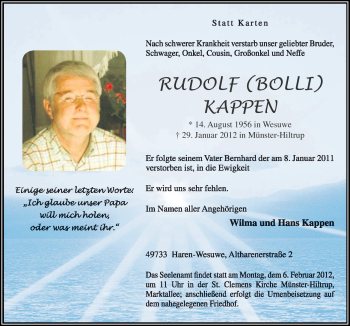 Traueranzeige von Rudolf Kappen von Neue Osnabrücker Zeitung
