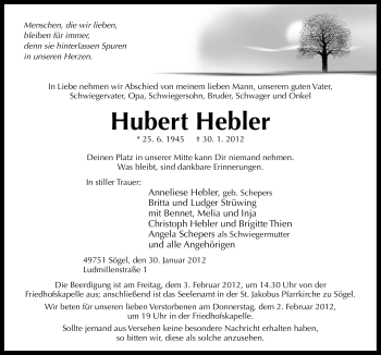 Traueranzeige von Hubert Hebler von Neue Osnabrücker Zeitung