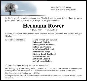 Traueranzeige von Hermann Röwer von Neue Osnabrücker Zeitung