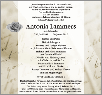 Traueranzeige von Antonia Lammers von Neue Osnabrücker Zeitung