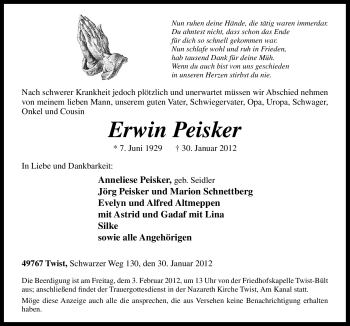 Traueranzeige von Erwin Peisker von Neue Osnabrücker Zeitung