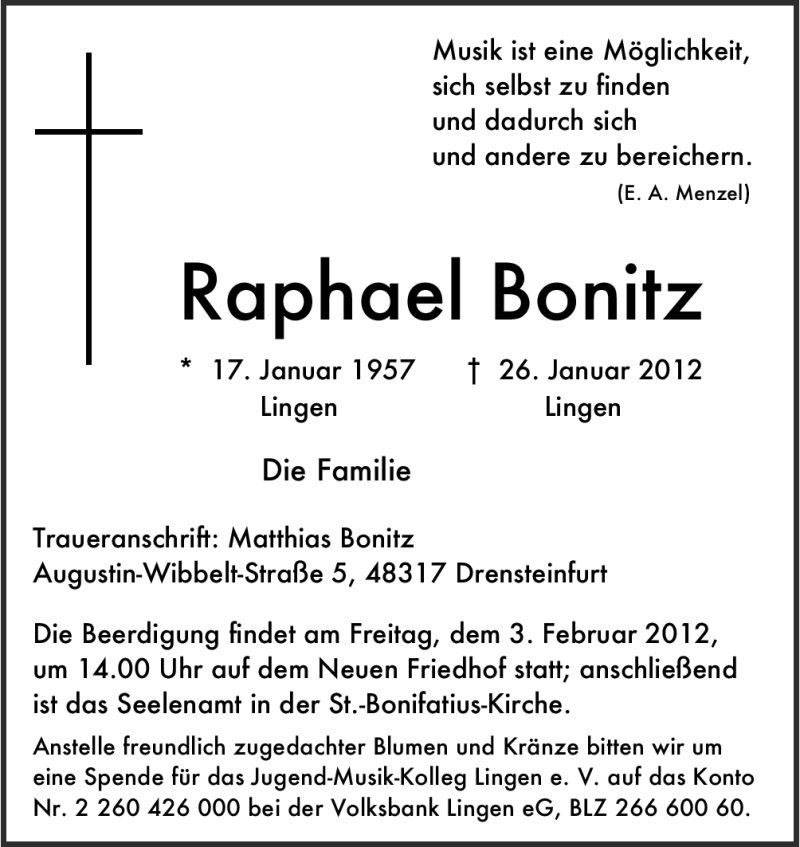  Traueranzeige für Raphael Bonitz vom 01.02.2012 aus Neue Osnabrücker Zeitung