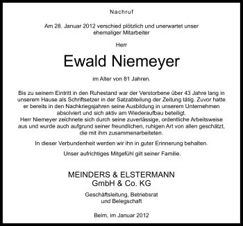 Traueranzeige von Ewald Niemeyer von Neue Osnabrücker Zeitung