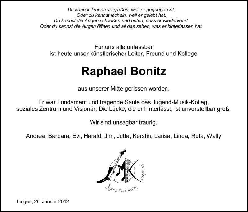  Traueranzeige für Raphael Bonitz vom 01.02.2012 aus Neue Osnabrücker Zeitung