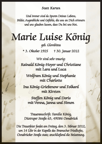 Traueranzeige von Maria Luise König von Neue Osnabrücker Zeitung