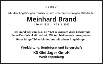 Traueranzeige von Meinhard Brand von Neue Osnabrücker Zeitung