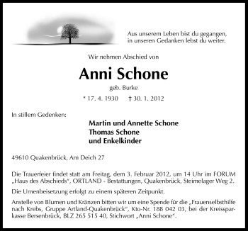 Traueranzeige von Anni Schone von Neue Osnabrücker Zeitung