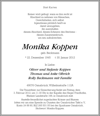 Traueranzeige von Monika Koppen von Neue Osnabrücker Zeitung