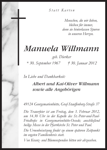 Traueranzeige von Manuela Willmann von Neue Osnabrücker Zeitung