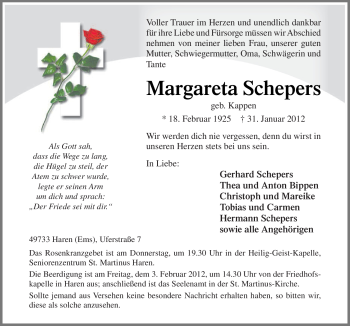 Traueranzeige von Margareta Schepers von Neue Osnabrücker Zeitung
