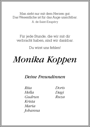 Traueranzeige von Monika Koppen von Neue Osnabrücker Zeitung