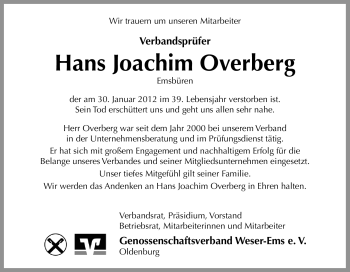 Traueranzeige von Hans Joachim Overberg von Neue Osnabrücker Zeitung