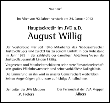 Traueranzeige von August Willig von Neue Osnabrücker Zeitung