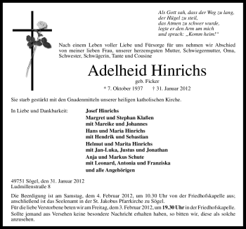 Traueranzeige von Adelheid Hinrichs von Neue Osnabrücker Zeitung