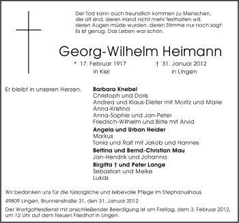 Traueranzeige von Georg-Wilhelm Heimann von Neue Osnabrücker Zeitung