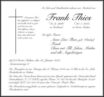 Traueranzeige von Frank Thies von Neue Osnabrücker Zeitung