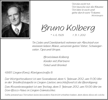 Traueranzeige von Bruno Kolberg von Neue Osnabrücker Zeitung