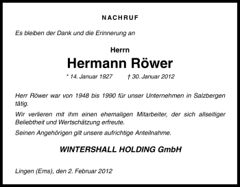 Traueranzeige von Hermann Röwer von Neue Osnabrücker Zeitung