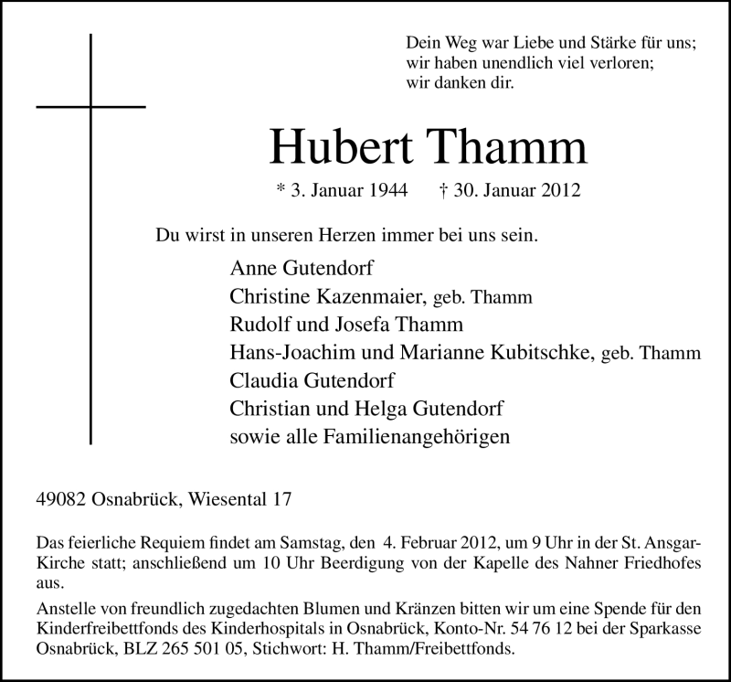  Traueranzeige für Hubert Thamm vom 02.02.2012 aus Neue Osnabrücker Zeitung