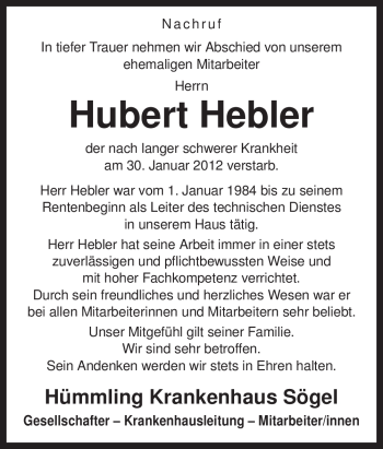 Traueranzeige von Hubert Hebler von Neue Osnabrücker Zeitung