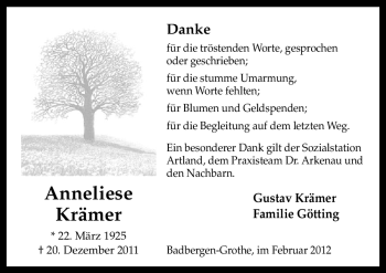 Traueranzeige von Anneliese Krämer von Neue Osnabrücker Zeitung