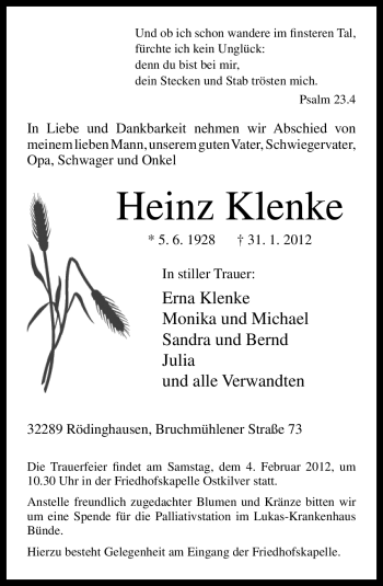 Traueranzeige von Heinz Klenke von Neue Osnabrücker Zeitung
