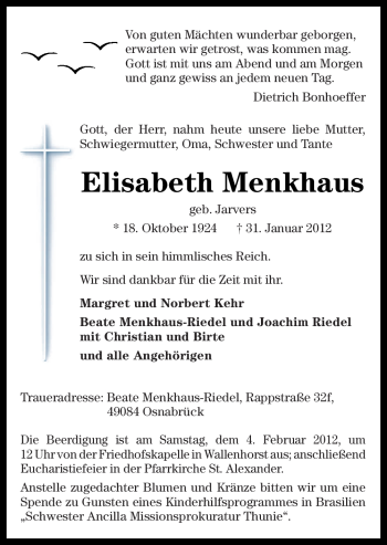 Traueranzeige von Elisabeth Menkhaus von Neue Osnabrücker Zeitung