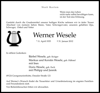 Traueranzeige von Werner Wesele von Neue Osnabrücker Zeitung