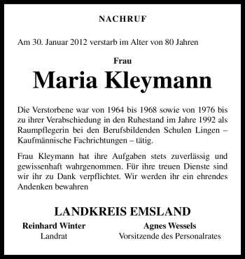 Traueranzeige von Maria Kleymann von Neue Osnabrücker Zeitung