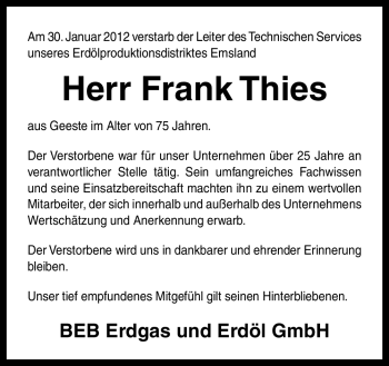 Traueranzeige von Frank Thies von Neue Osnabrücker Zeitung