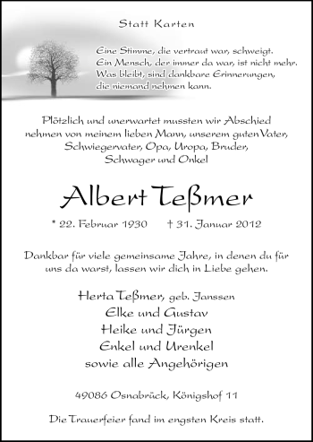 Traueranzeige von Albert Teßmer von Neue Osnabrücker Zeitung