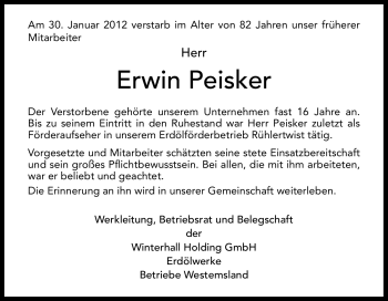 Traueranzeige von Erwin Peisker von Neue Osnabrücker Zeitung