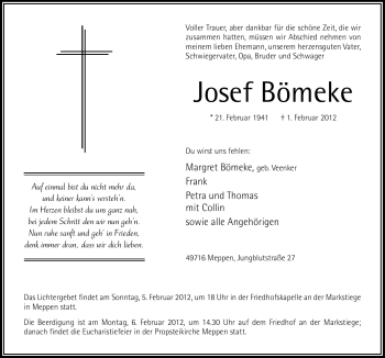 Traueranzeige von Josef Bömeke von Neue Osnabrücker Zeitung