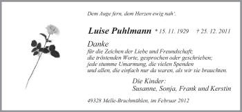 Traueranzeige von Luise Puhlmann von Neue Osnabrücker Zeitung